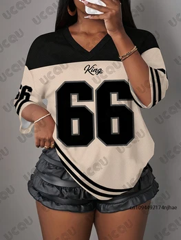 summer new letter king 66 print t shirt for women v neck patchwork short sleeve sports football jersey y2k loose oversized tops