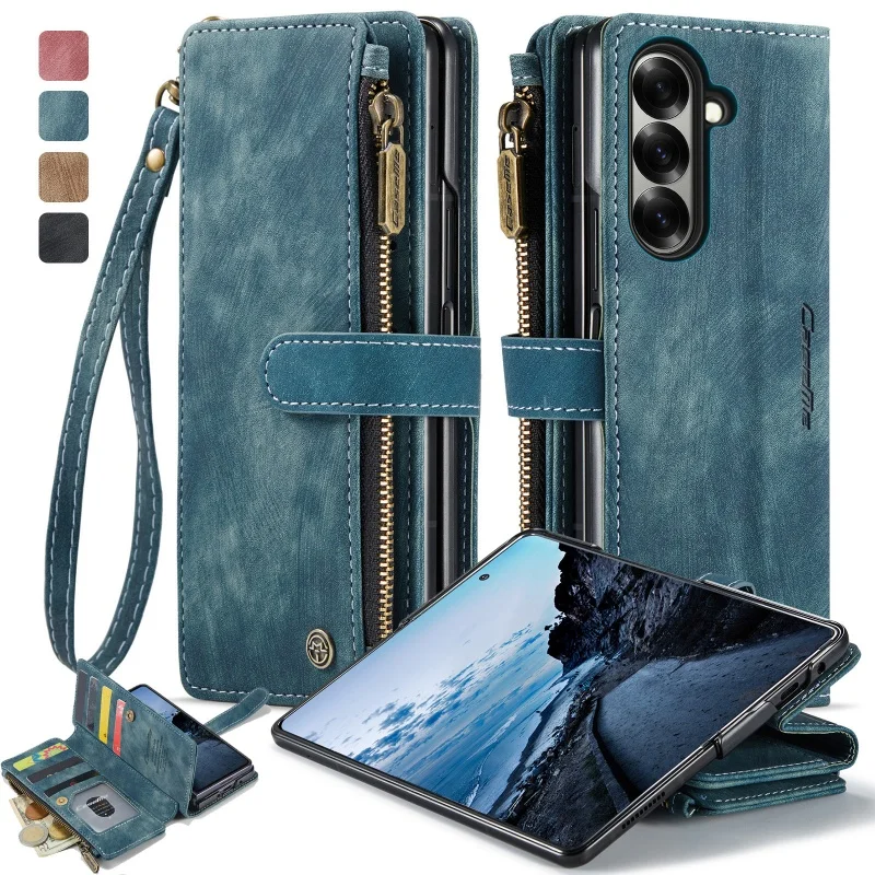 Zipper Leather Wallet Phone Case with Wrist Strap and Card Slots