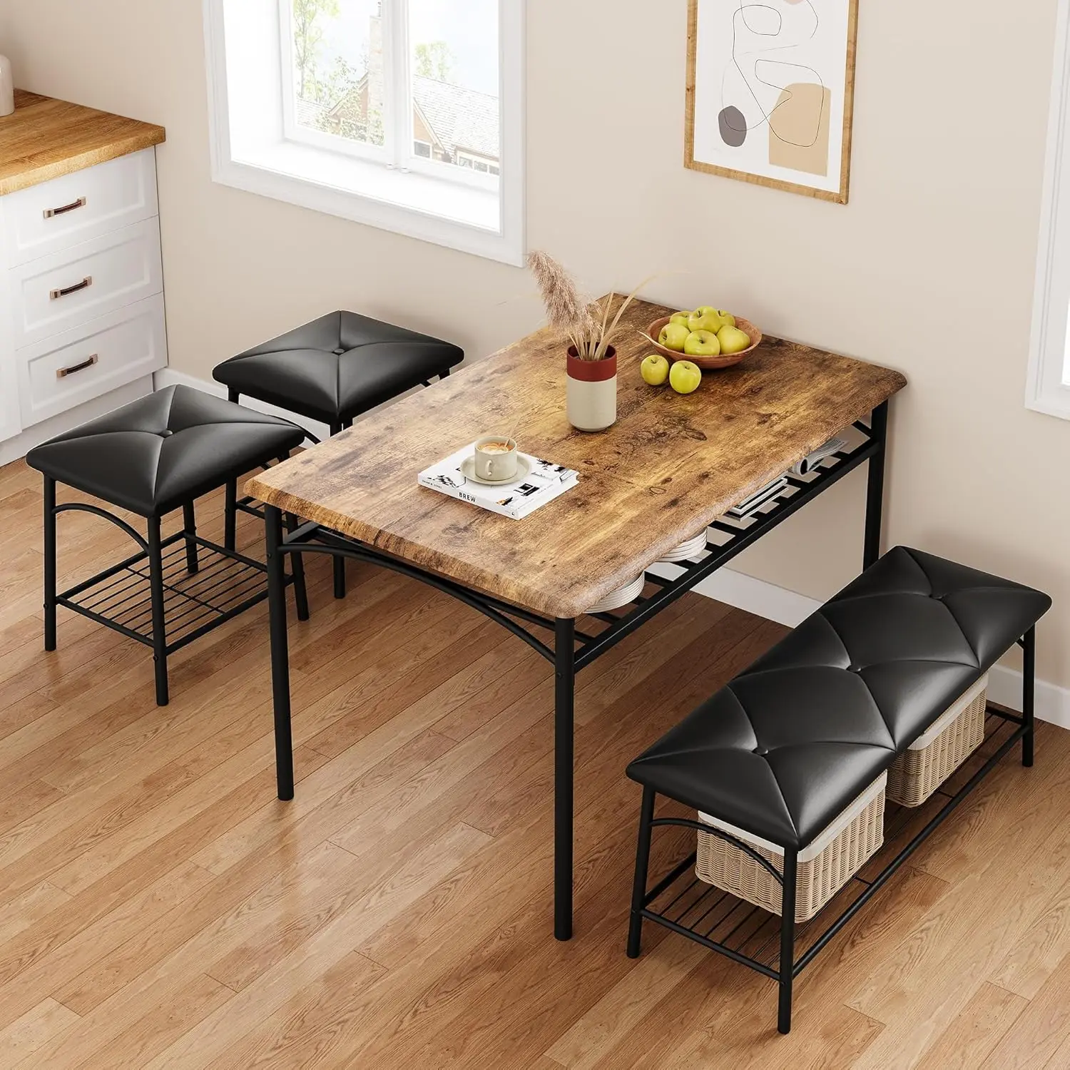 Dining Table Set for 4, Kitchen Table Set of 4 with Upholstered Dining Bench and Square Stools, Dining Set