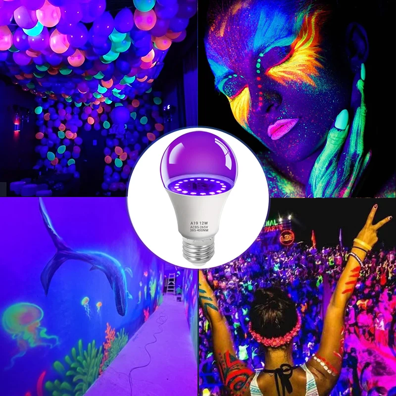 Ampoule LED UV 12W, violet noir, brille dans le noir, décoration de fête d'Halloween, lampe structurels ente AC 85-265V