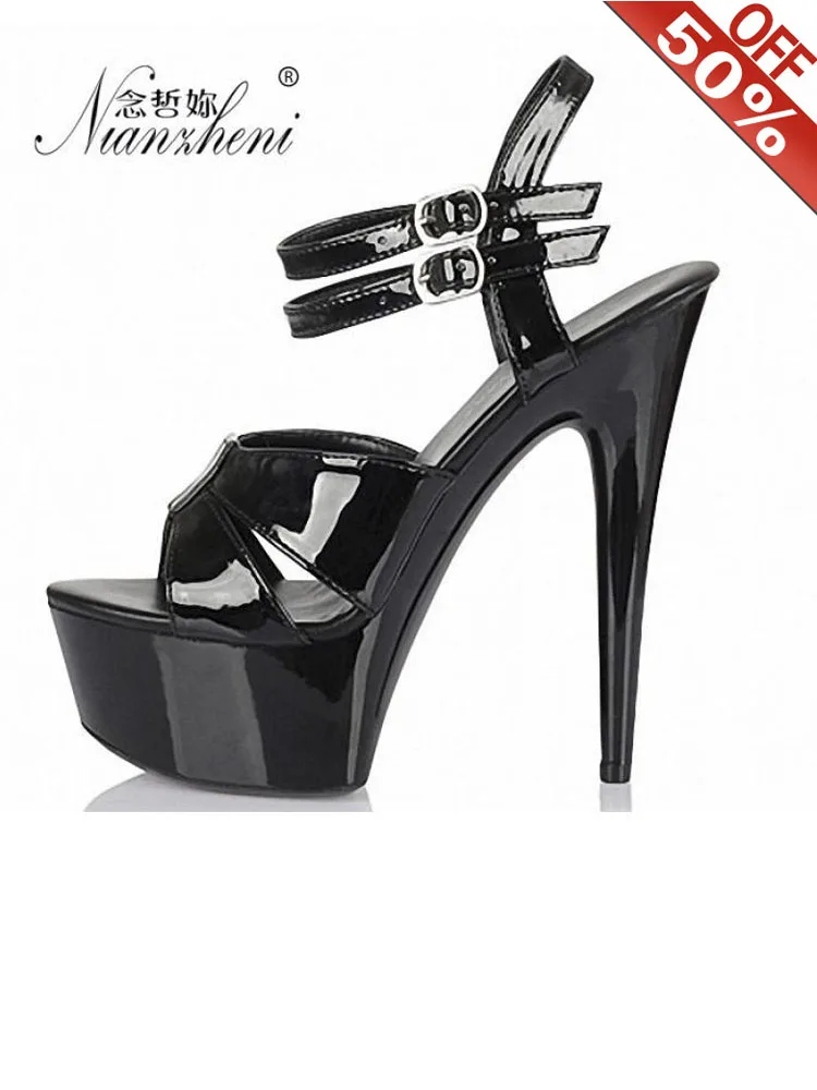 Black Dress Ankle Strap High Heel 15cm Sandals Peep Toe