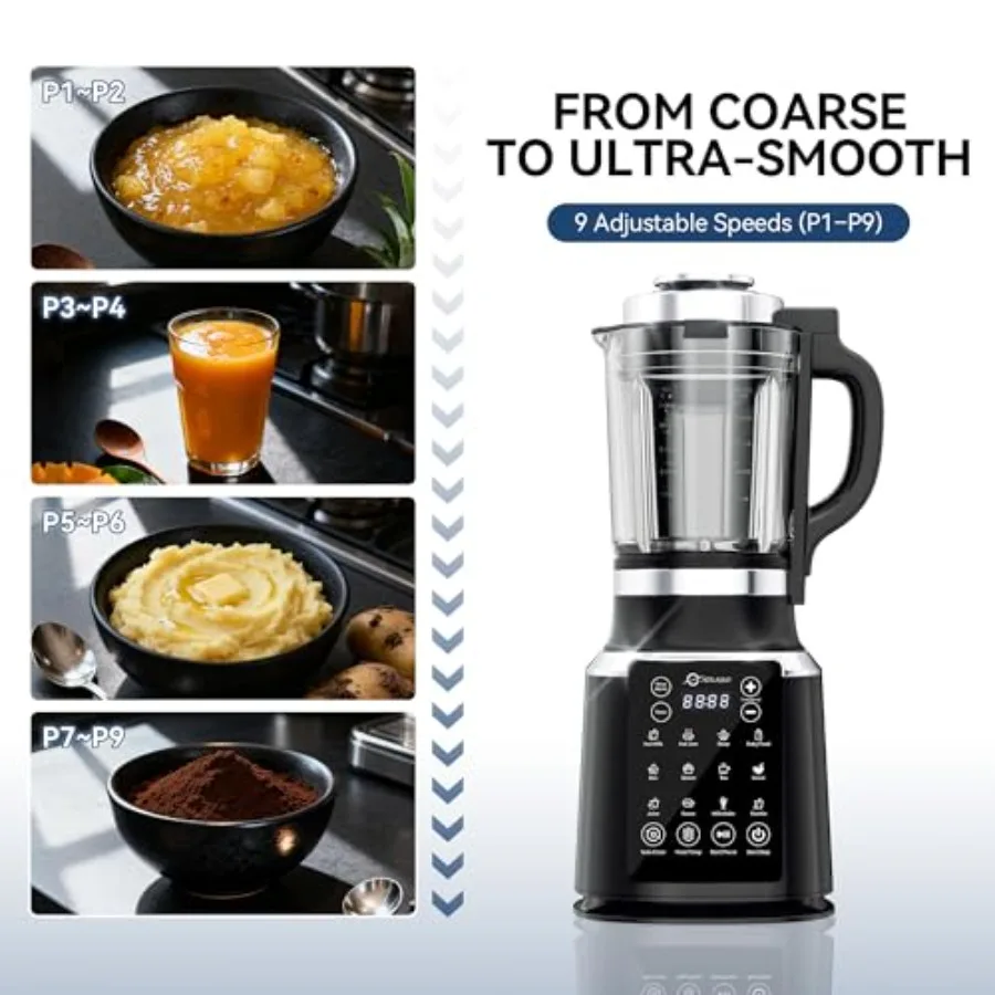 High-Speed Heating Blender for Kitchen Smoothies 1500W Motor with Tamper 9 Adjustable Speeds 14 Preset Programs Glass Jar Stain