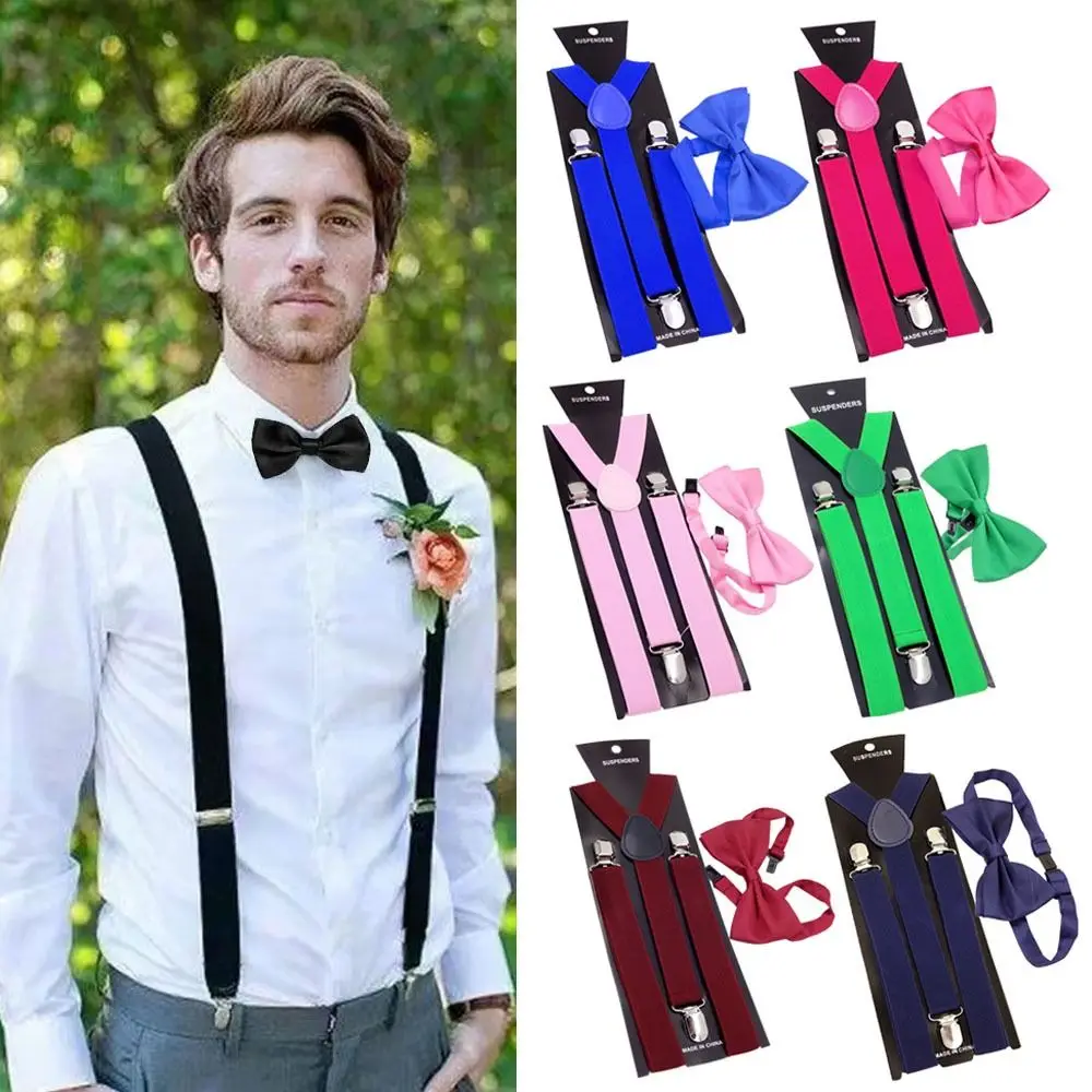 

Y Back Style Elastic Solid Color Men Women Bow Ties Set Unisex Suspenders Adjustable Straps Suspenders Braces