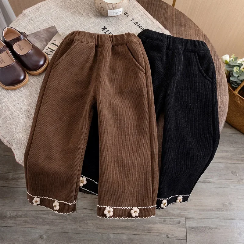 

Fleece Girls Pants Wide Leg Trousers For Kids Fall Winter Children's Flower Joggers Baby Clothing Korean Style 1-6years