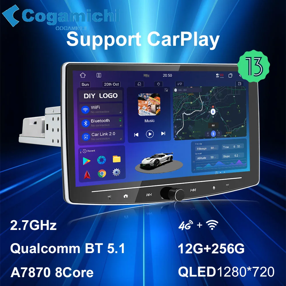 자동 멀티미디어 플레이어 노브 카플레이, GPS 네비게이션, 조정 가능한 터치 스크린, 1din 라디오, 10 인치, A7870, 안드로이드 13 
