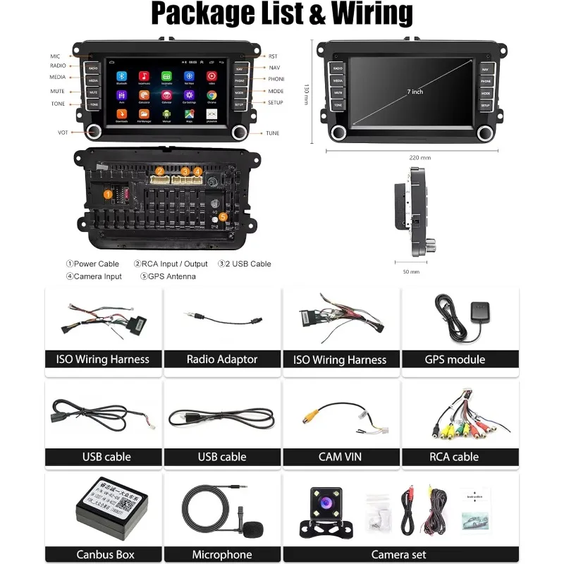 For VW Volkswagen Seat Golf Passat Jetta Beetle Tiguan Touran EOS 7” Touchscreen For CarPlay&Android Auto FM Backup Camera MIC