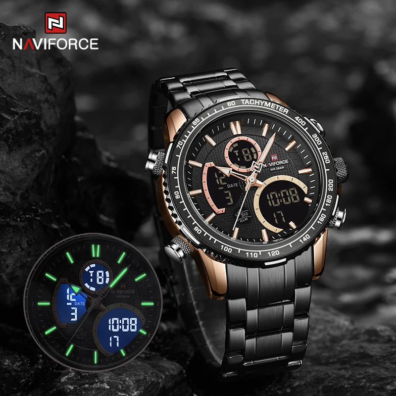 NAVIFORCE Mens Luxury Rose Gold Black Analog Digital Watches Fashion Luminous Wristwatch Steel Band Waterproof Male Chronograph