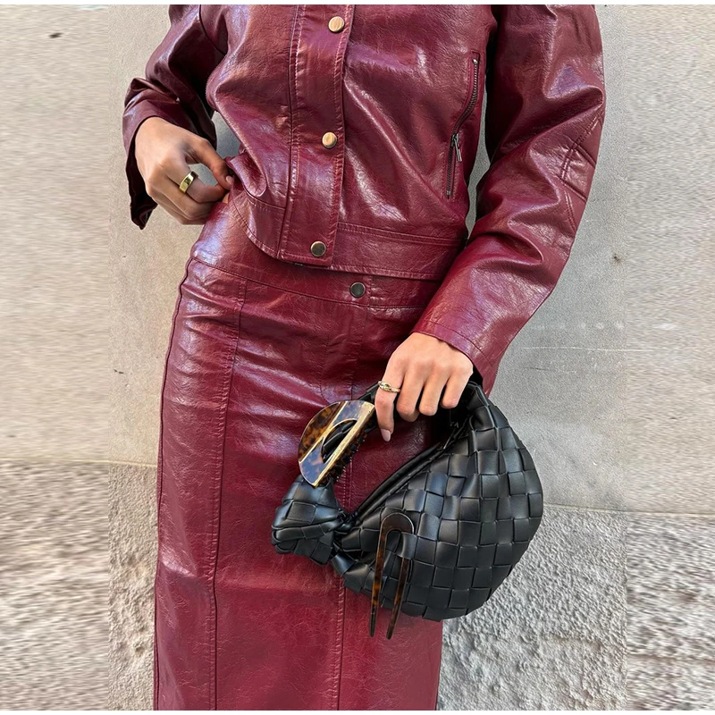 PU Leather Jackets Long Skirts Women's Set Vintage Solid O-Neck Jackets A-Lined Slim Fit Skirt Sets Female Chic Street Outfits