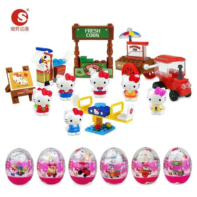 Anime Sanrio Hello Kitty Gacha Building Block Toys Hello Kitty Happy Farm Fun Twist Egg Kids Birthday Christmas Gift