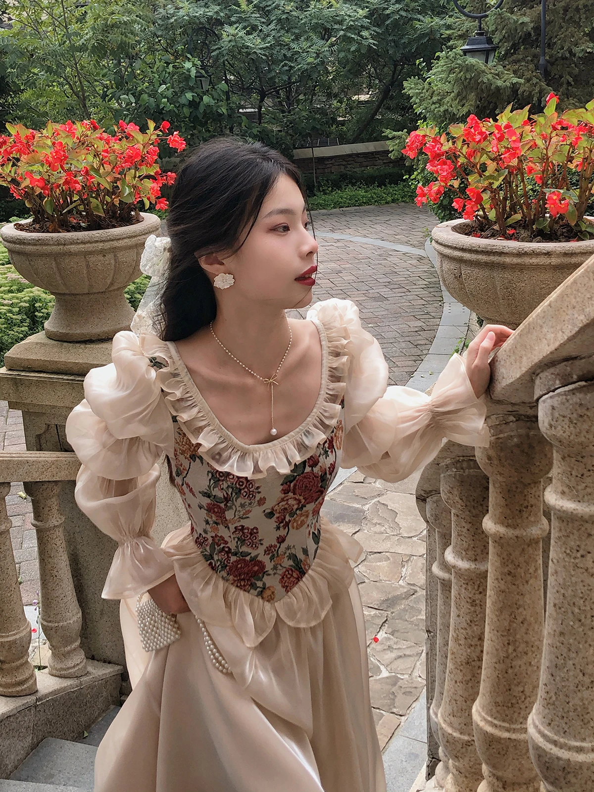 Vintage Elegant Print Floral Dress Women Autumn O-neck Casual