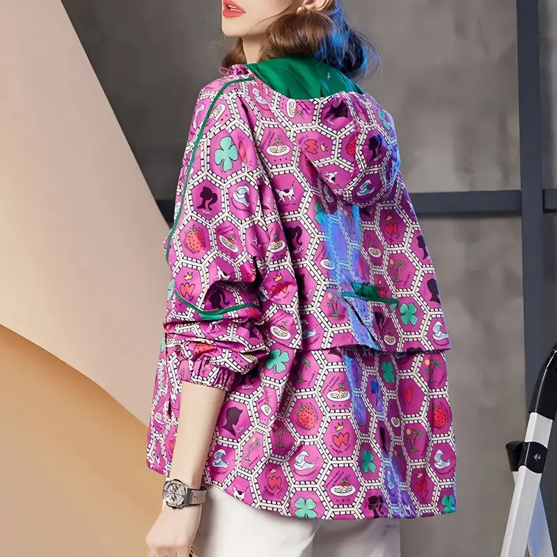 Commute Printed Casual Loose Jackets 2023 Spring Autumn Korean Female Clothing Long Sleeve Stylish Zipper Hooded Spliced Coats