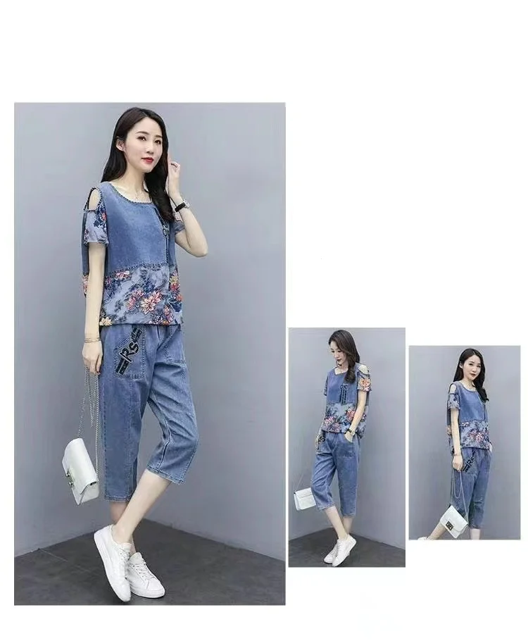 2024 Summer New Western Fashionable Set Women's Simple Fat Sister Slimming Imitation Denim Capris