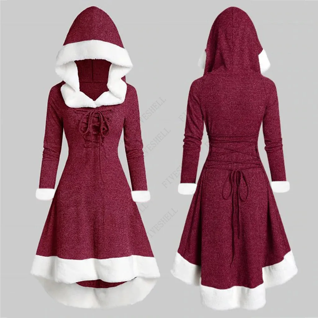 2023 Christmas Lady Autumn Winter Vintage Long Sleeve Plush Patchwork Vintage Dress Evening Dress With Hat Plus Size 3XL Dress