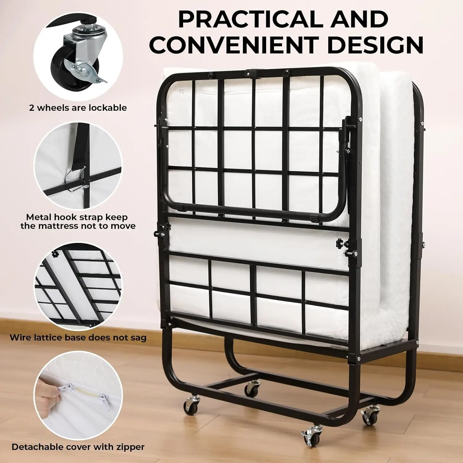 Folding Bed, Adult Guest Bed, Foldable 80x190cm with 10cm Thick Memory Foam Mattress, Single Portable Folding Bed w/ wheels