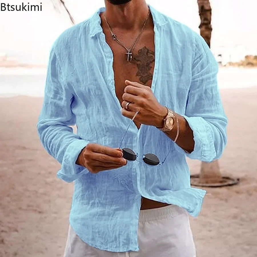 Camicie da uomo in lino di cotone 2024 Top camicie da uomo solide con risvolto semplice camicie comode e larghe per le vacanze Casual per camicette da uomo
