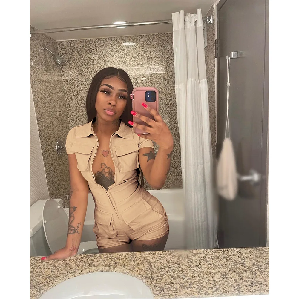 Women's Solid Color Jumpsuit 2023 Summer New Zipper Pocket Cargo Shorts Fashion Casual Romper One Piece Party Clubwear