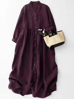 Women's Cotton Linen V-Ne Dr Two-Way Wear Long Sve Gown Button Sle A-Line Skirt Casual Commute Wind Spring Faion