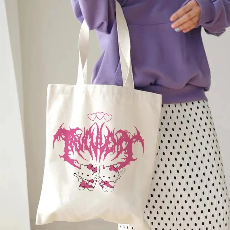 MINISO Hello Kitty Printing Shoulder Bags for Women Cute Cartoon Large Capacity Handbags Female Eco Canvas Reuseable Tote Bag 2