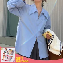 

Fashion Woman Blouses 2022 Summer Oversize Shirt Tops Casual Loose Solid Color Lapel Cotton Long Sleeves Zipper Women Shirt