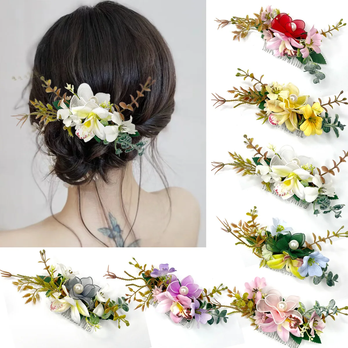 Flower Hair Comb for Bridal Elegant Updo Hair Ornaments Wedding Floral Flower Leaf Comb Brides Accessories Headwear