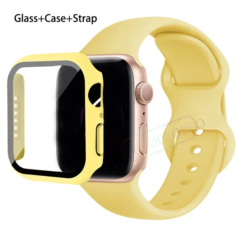 Premium Silicone Apple Watch Band with Glass Case and Strap - Compatible with All Series