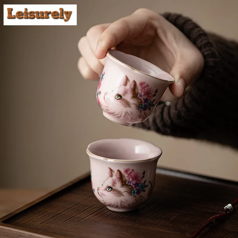 Pink Ru Kiln Flower Cat Teacup Creative Tea Bowl Beautiful Tea Cup Meditation Cup Chazhan Master Cups Household Drinkware Craft