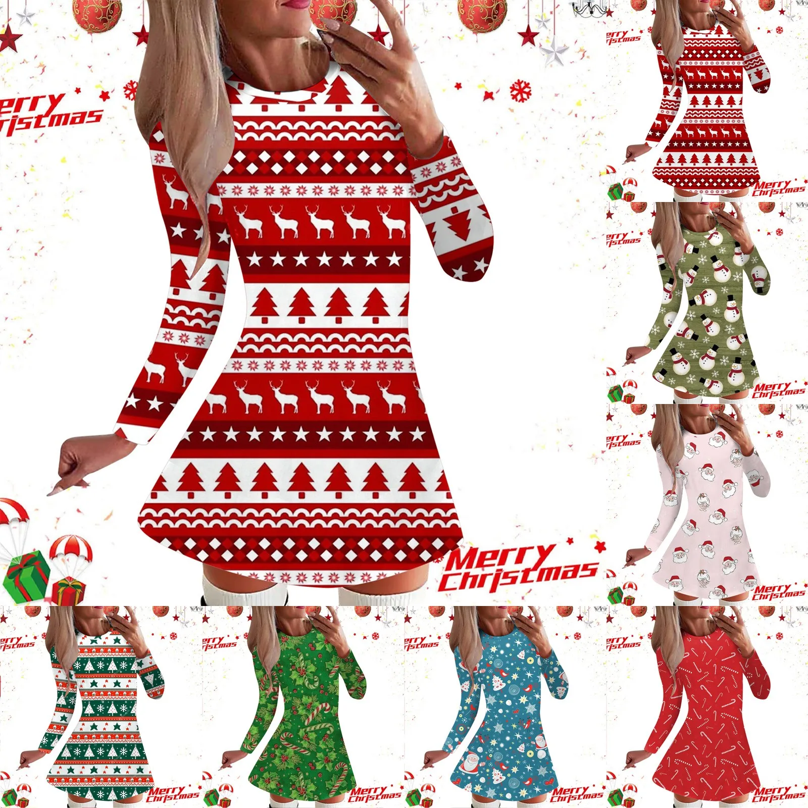 

Women's Fashion Casual Christmas Dress Long Sleeved Printed Round Neck Party Christmas Snowflake Dress Oversized Holiday