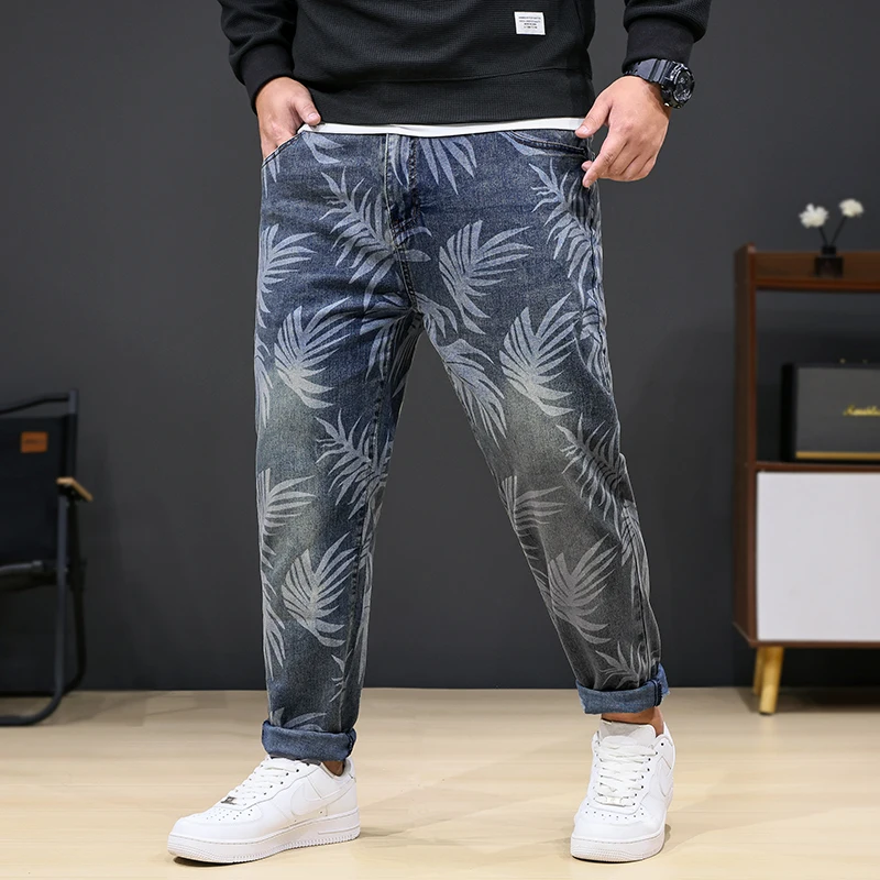 8XL oversized jeans men's fashion leaf printed trendy casual stretch denim plus sizes loose 150kg fat pants 5