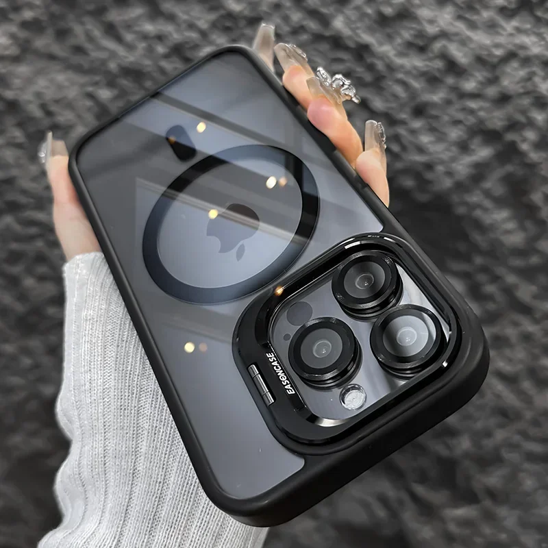 Premium Transparent Shockproof Phone Case with Metal Ring Bracket and Lens Protection