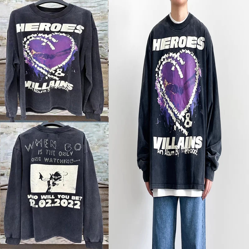 

Hellstar Long Sleeve Sweatshirt Purple Heart Graffiti Do Old Wash Do Old Hell Star Pullover Hoodie Sweatshirts