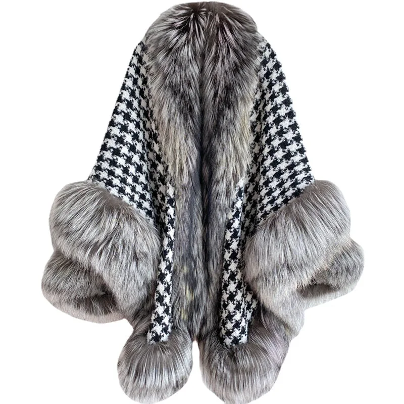 Casaco Faux Fur Plaid frio para mulheres, jaqueta de pelúcia, xale, capa grossa de luxo, Houndstooth, roupas de grife falsas, elegante, inverno, 2023