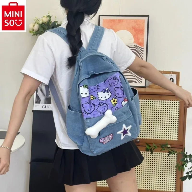 

MINISO hello kitty retro denim sweet printed storage bag for students, high-quality and large capacity children's backpack