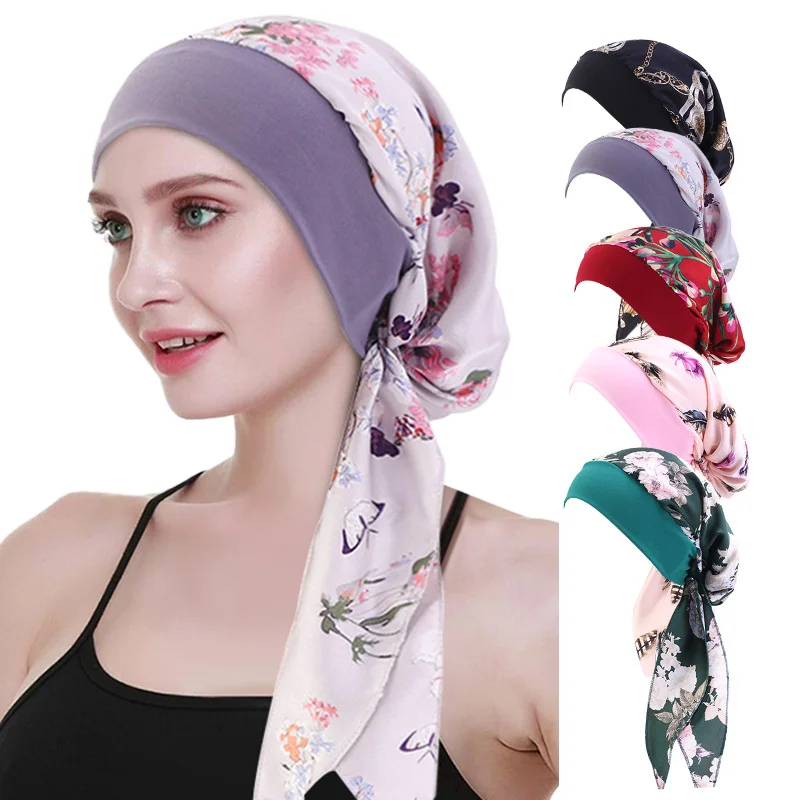 New Women Flower Printed Chiffon Pre Tied Turban Muslim Stretch