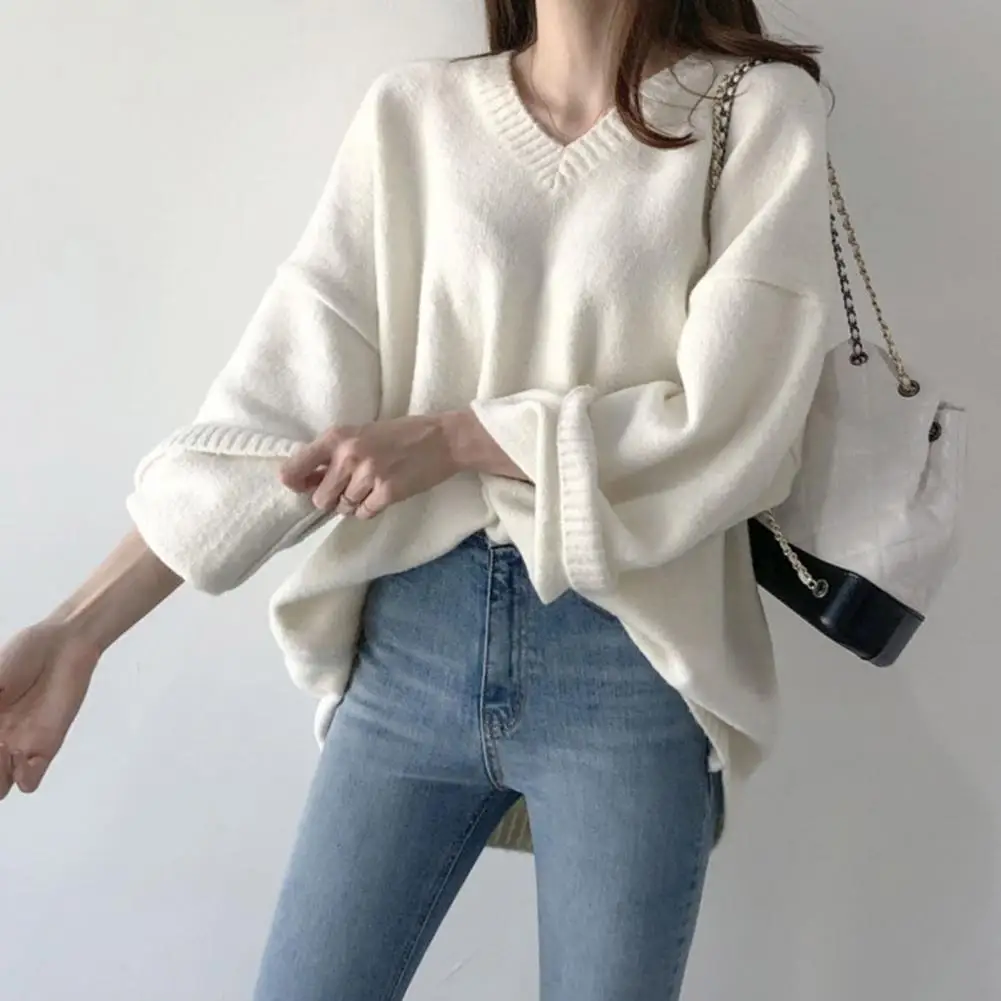 

Women Solid Tops Cozy V-neck Knitted Women's Sweater for Fall Winter Thick Solid Color Pullover with Long Sleeves for Cold