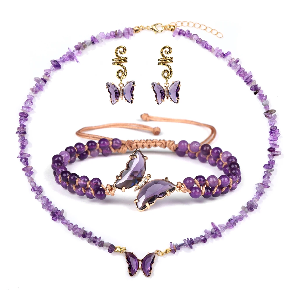 Schmetterling Anhänger Halskette Kies Armbänder für Frauen natürliche Amethyste Perlen Halskette Halsreif Kristall Haar Dread lock Zubehör