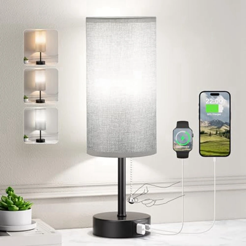 

Night Stand Lamp Small USB-C & A Charging Table Lamp For Bedroom Nightstand, 3-Level Brightness With Pull Chain EU Plug