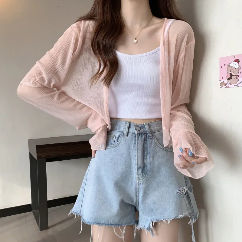 여성용 페어리 스타일 단색 가디건, 긴 소매 자외선 차단, 달콤한 비딩, 브이넥 기본 루즈 쉬폰 가디건, 여름 신상