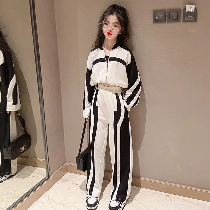 

Teen Girl Spring Fashion Outfits Streetwear 2 pieces Short Zipper Coat Wide Leg Pants Girl White Clothes Set 8 10 12 years