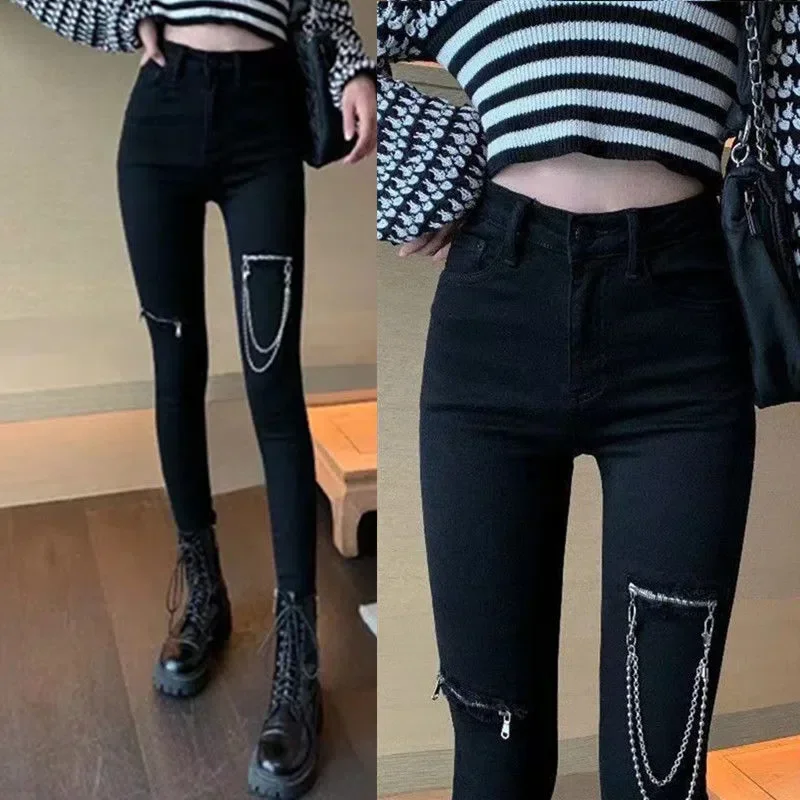 Woman Gothic Pencil Pants Black Crescent Zipper High Waist Plus Size Long Pant  Women Dark Goth Aesthetic Vintage Clothes