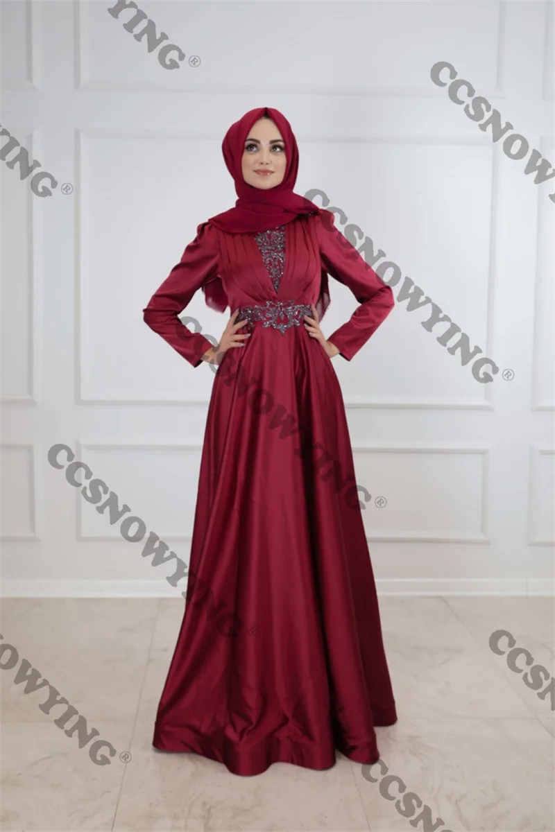

Satin Appliques Long Sleeve Muslim Evening Dresses High Neck Islamic Hijab Formal Party Gown Women Arabic Dubai Robe De Soiree