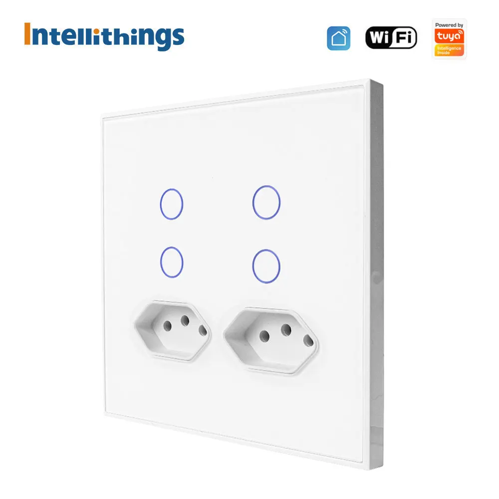 

16A Brazil Sockets with 4 Gang Wall Light Switch Tuya WiFi 4x4 Smart Outlet Switch Touch Glass Panel Alexa Google Home Control