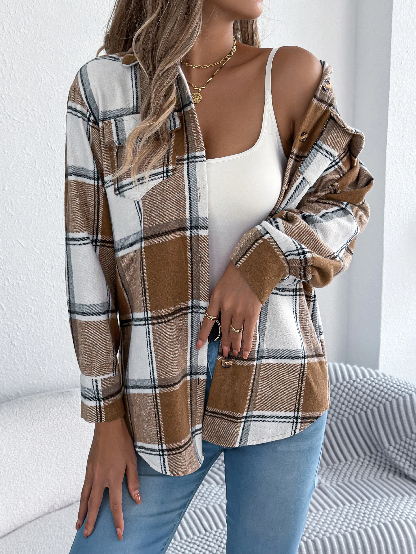 Woman Plaid Jacket Long Sleeve Coat Autumn Winter