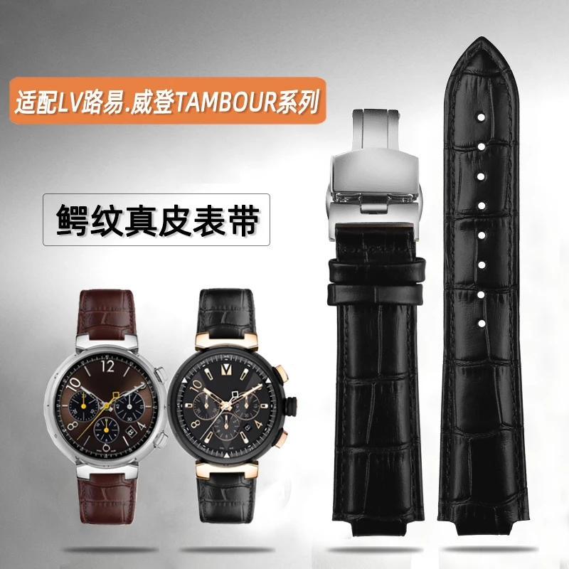 Luxurious Genuine Leather Watchband with Chain Butterfly Clasp