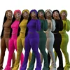 Women Solid Yoga 3 Piece Set Headband + O-neck Full Sleeve Crop Tops + Lapel High Waist Flare Pants Slim Fitness Workout Suits 1