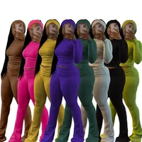 Women Solid Yoga 3 Piece Set Headband + O-neck Full Sleeve Crop Tops + Lapel High Waist Flare Pants Slim Fitness Workout Suits 1