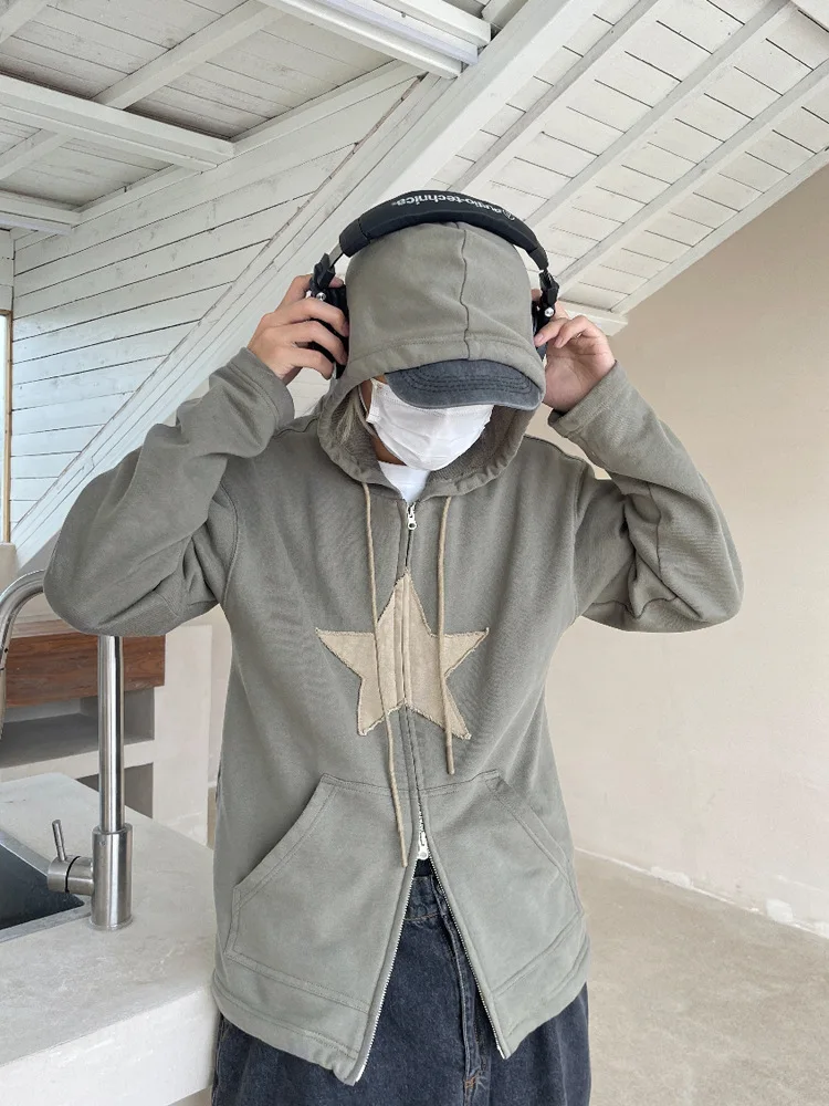 Vintage Star Patch Hoodies Women Autumn Gothic Loose Hooded Fashion Sweatshirts Men Streetwear Hip Hop Zipper Jacket Y2K Clothes