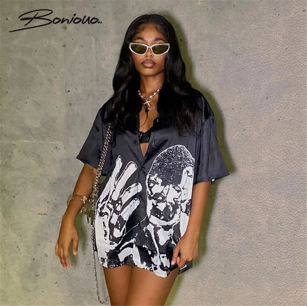 

Boniouo Y2K Women Print Fashion Oversize T Shirts V Neck Short Sleeve Black Tee Shirt Harajuku Streetwear T Shirt Female Outfits