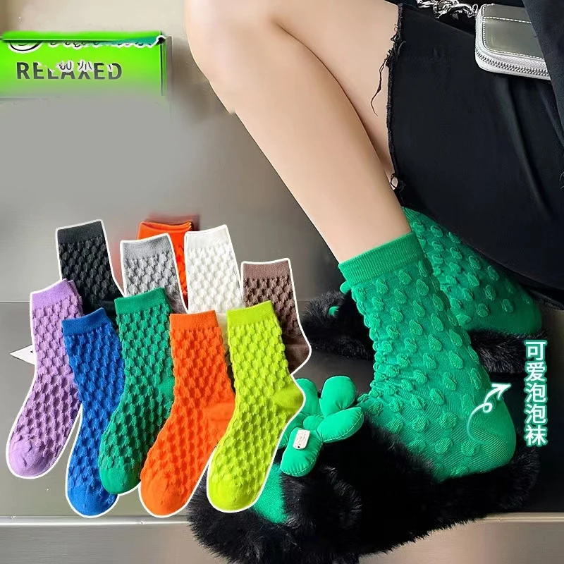 

Trendy Women Fashion Bubble Socks Solid Candy Color Korean Style Kpop Retro Street Fashion Harajuku Long Cotton Mid tube Socks