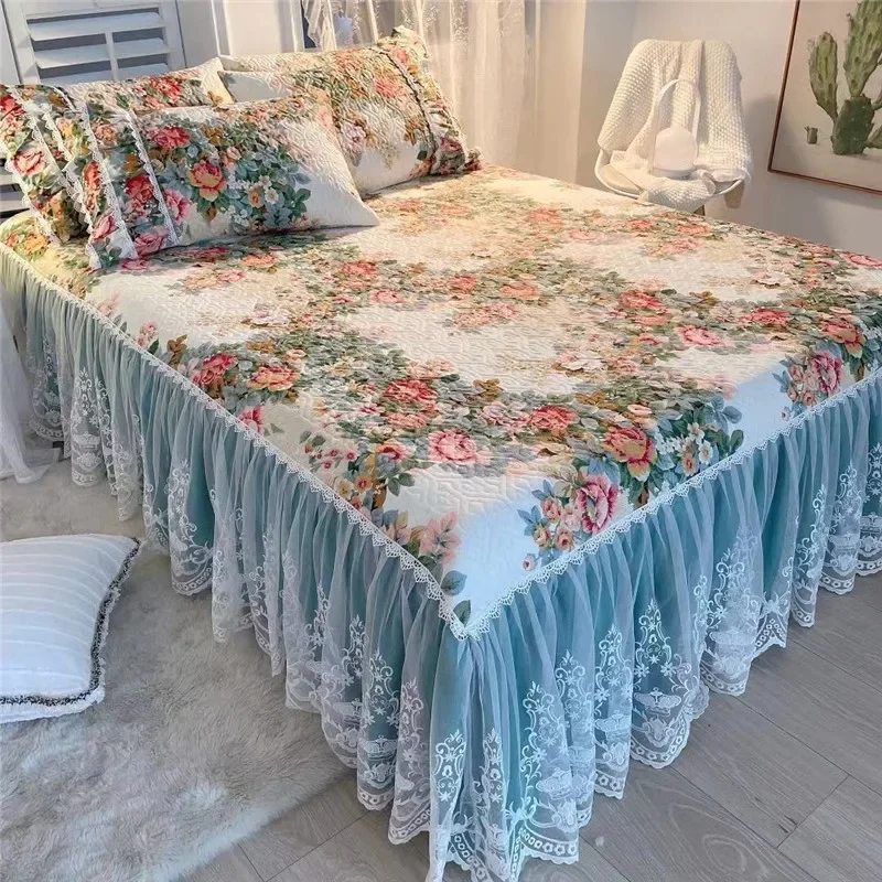 

Luxury American Floral Bedding - Quilted Lace Ruffles Bed Skirt with Mattress Cover and Pillowcases