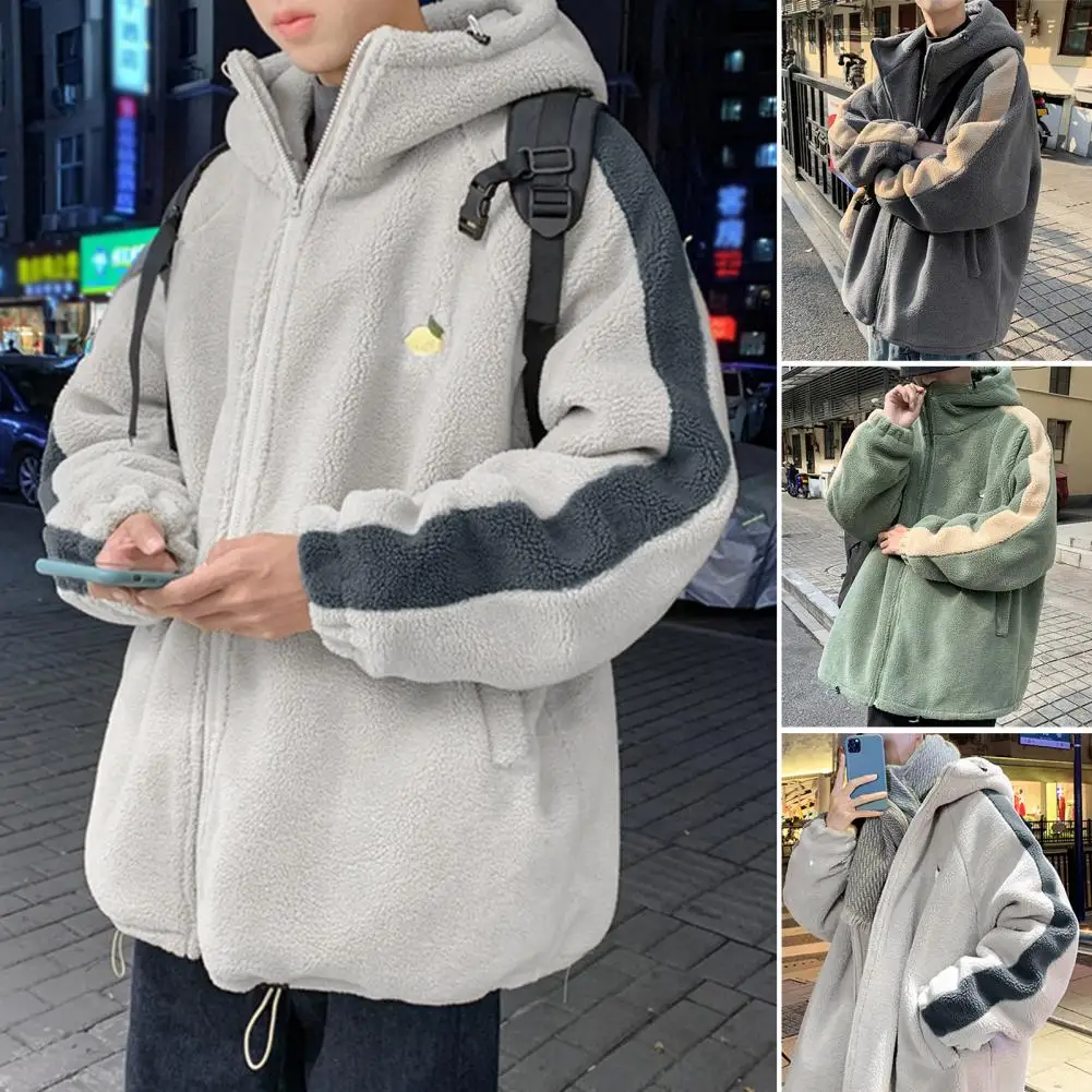 

Men Polyester Jacket Winter Men's Hooded Jacket with Faux Sherpa Lining Drawstring Hem Zipper Pocket Thick Warmth for Students